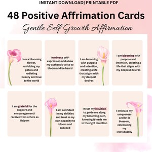 48 zelfgroei bevestigingskaarten, afdrukbare bevestigingskaarten voor vrouwen, positieve bevestigingskaarten, zachte herinneringen aan groei, roze kaarten
