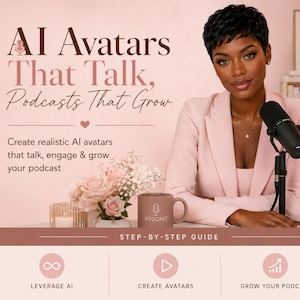 Könnte beinhalten: Eine digitale Grafik mit dem Text AI Avatars That Talk, Podcasts That Grow und Step-By-Step Guide. Sie zeigt eine Person in einem hellrosa Blazer, ein schwarzes Mikrofon, eine Tasse mit Podcast-Symbol und einen Strauß rosa Rosen.
