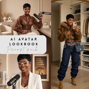 Könnte beinhalten: Eine digitale Collage mit einer Person mit kurzem dunklem Haar in drei Outfits: ein braunes, transparentes Oberteil mit Reißverschluss, eine braune Kunstfelljacke mit dunkelblauer Jeans und Ketten-Gürtel sowie ein weißer Blazer. Text: AI AVATAR LOOKBOOK Prompt pack.
