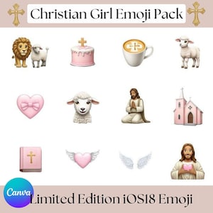 Può includere: Un set di 10 emoji di ragazze cristiane, tra cui una torta rosa con una croce in cima, un agnello bianco, un cuore rosa con un fiocco, un agnello bianco con un fiocco rosa, un uomo inginocchiato in preghiera, una chiesa rosa, una bibbia rosa con una croce sulla copertina, un cuore rosa con le ali, un paio di ali bianche e un uomo con un cuore nelle mani.