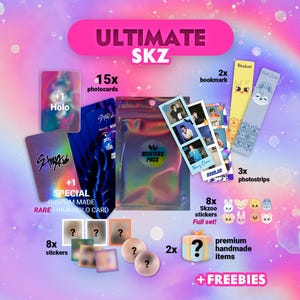 May include: A collection of Stray Kids merchandise, including photocards, stickers, bookmarks, photostrips, and mystery items. The items are packaged with a holographic theme and feature the text "ULTIMATE SKZ".