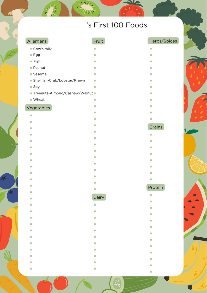 Baby's First 101 Food's Chart - Etsy