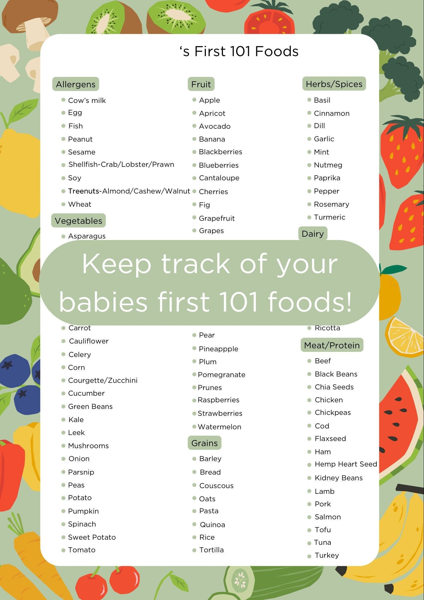 Baby's First 101 Food's Chart Vegan/vegetarian - Etsy
