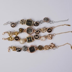 Pulsera de reloj punk / Reloj de cadena negro y dorado vanguardista / Pulsera de reloj Y2K / Pulsera con dije industrial vintage / Regalo de joyería punk único