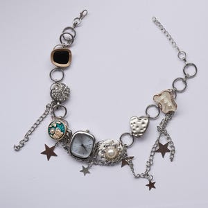 Punk Style Statement Necklace with Vintage Watch, Chains & Star Charms, Edgy Retro Jewelry Gift for Her, Bold Fashion Accessory, Y2K Jewelry