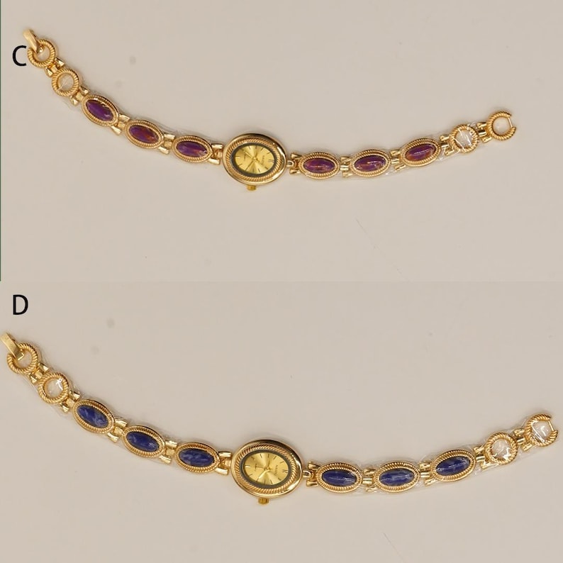 Puede incluir: Dos relojes de pulsera dorados. Uno presenta una esfera ovalada dorada y una correa con piedras ovaladas moradas. El otro reloj tiene una esfera ovalada dorada y una correa con piedras ovaladas azules. Ambos relojes tienen un cierre.