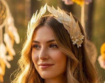 Pearl Leaf Crown With Rhinestones - Gold Goddess Headband 