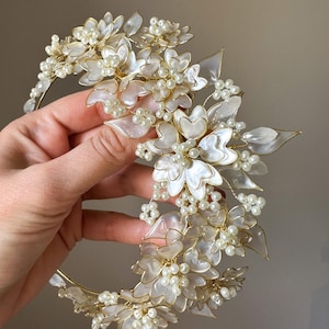 BIANCA (Gold) | Pearl White Floral Gold Headband, Gold Flower Tiara, Cherry Blossom Gold Crown, White and Gold Blooming Flower Bridal Crown