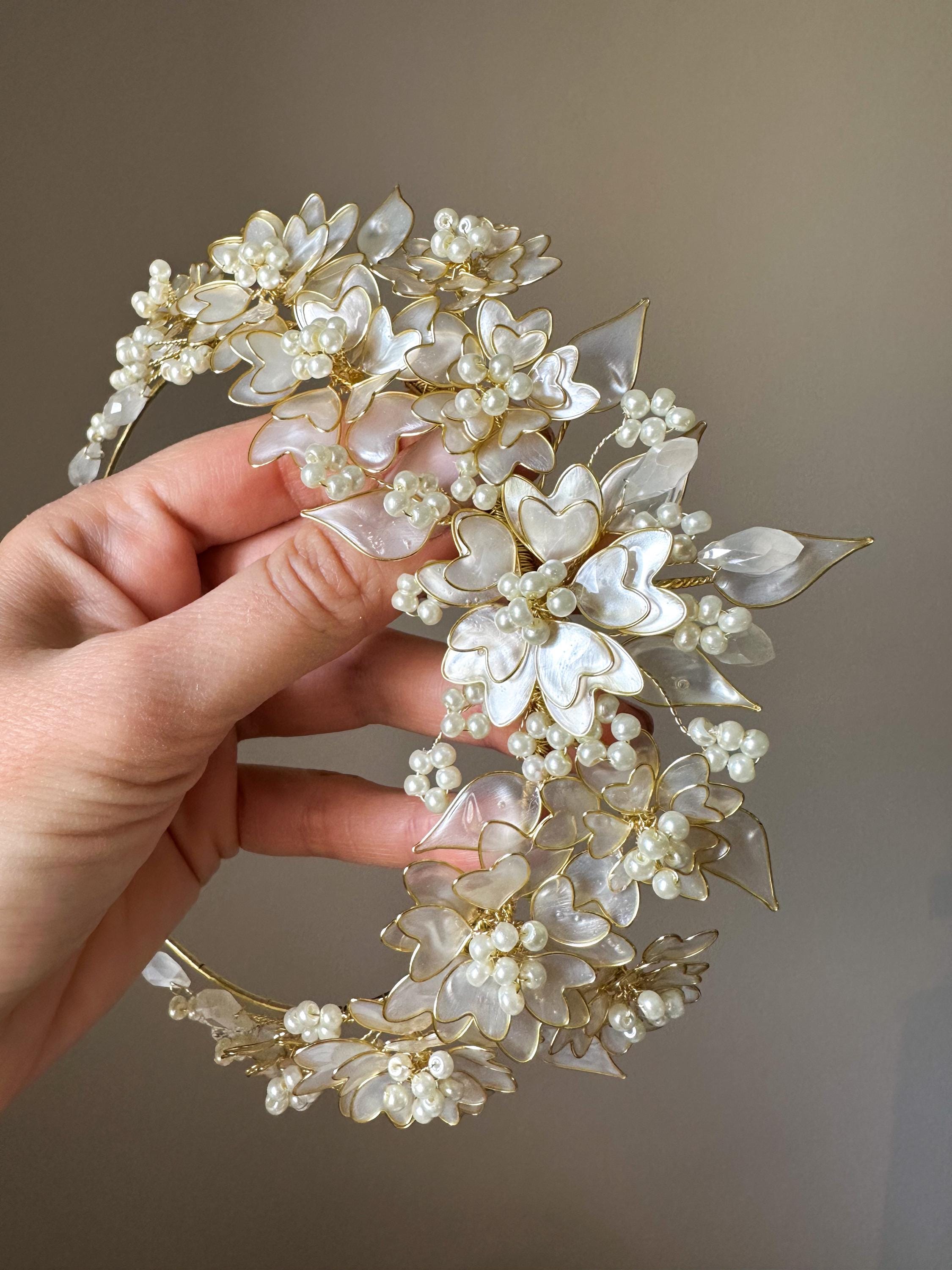 Pearl White Cherry Blossom Bridal Crown: Gold Flower Tiara  display picture 2