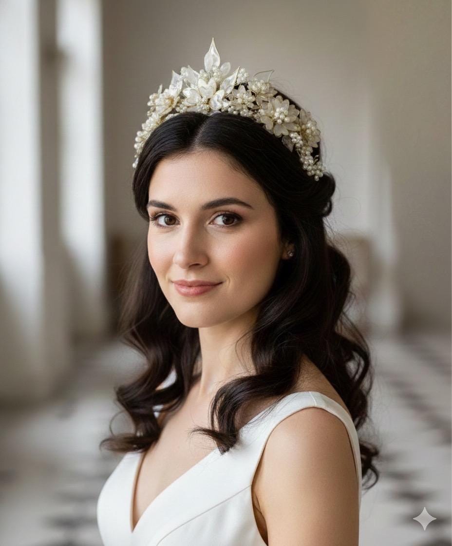 Pearl White Cherry Blossom Bridal Crown: Gold Flower Tiara  display picture 1