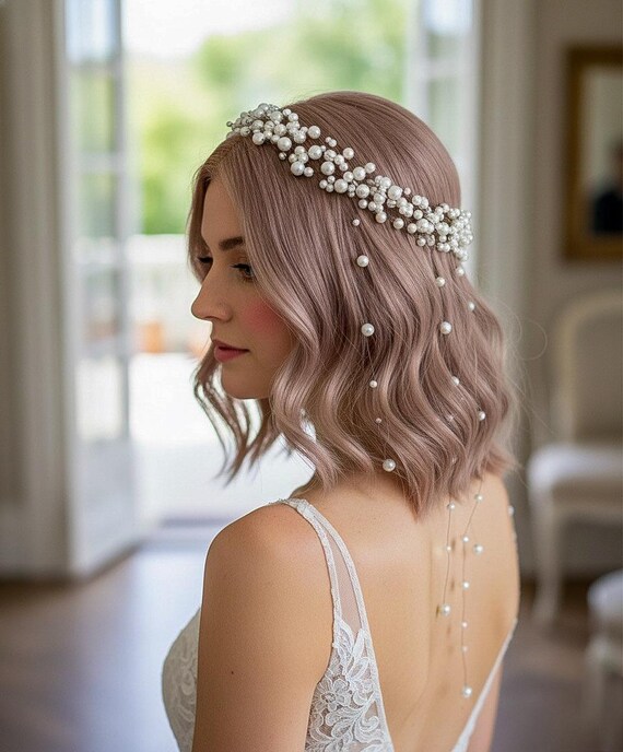 Handmade pearl bridal headpiece crown Elaborate pearl wedding headband - Twisted pearl bridal halo  main image 3