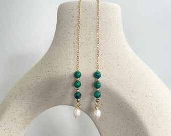 Minimalist Green Genuine Malachite Stone Chain Drop Fine Earrings - Threaded Bohemian Beads Natural Pearl Long Dangling Charm Gold Earrings