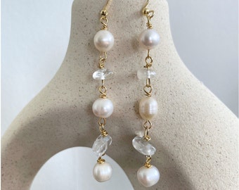 Dainty Genuine Quartz Stone Freshwater Pearl Drop Earrings - Elegant Bohemian Natural Pearl Long Dangling Gold Earrings , Wedding Earrings