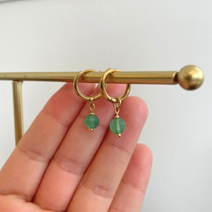 Minimalist Green Aventurine Small Hoop Charm Earrings - Dainty 10mm Huggie Hoop Dangling Charm Gold Earrings ,Boho Cute Birthstone Earrings