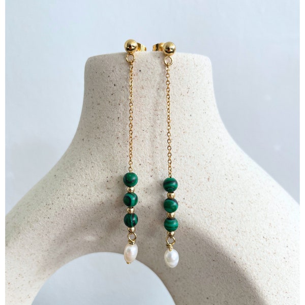 Minimalist Green Genuine Malachite Stone Chain Drop Stud Earrings - Threaded Bohemian Beads Natural Pearl Long Dangling Charm Gold Earrings