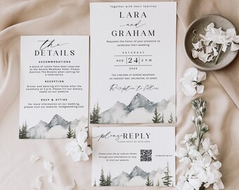 Suite de invitación de boda de montaña, plantilla de invitación de boda rústica, invitación de boda de invierno, boda de invierno, invitación de boda en el bosque