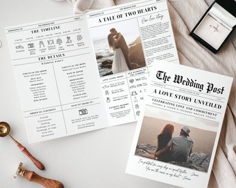 Wedding Newspaper Template, Wedding Program Template, Wedding Infographic, Folded Newspaper Program, Editable Wedding Newspaper, Wedding DIY