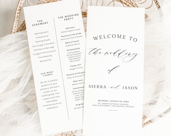 May include: A wedding invitation with a white background and black text. The invitation reads "Welcome to the wedding of Sierra and Jason" with the date and location below. The invitation is on a woven wicker surface.