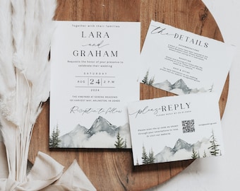 Suite de invitación de boda de montaña, invitación de boda de invierno, invitaciones de boda de bosque de invierno, bosque de plantilla de invitación de boda, editable