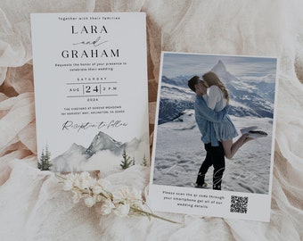 Invitación de boda de montaña, invitación de boda de invierno, invitaciones de boda de bosque de invierno, bosque de plantilla de invitación de boda, editable