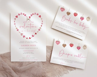 May include: A pink and white baby shower invitation with a heart-shaped garland of pink hearts and a banner that reads "Our Little Valentine is on her way!" The invitation includes the date, time, and location of the shower, as well as the name of the mother-to-be, Lauren Reed. There are also two cards for guests to participate in a "Books for Baby" and "Diaper Raffle" at the shower.