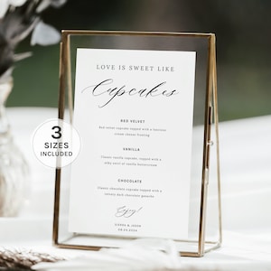 Hochzeit Cupcake Schild Vorlage, Cupcake Geschmack Zeichen, Dessert Tischschild Cupcake, Cupcake-Menü-Schild, Cupcake-Bar-Schild, Templett, 001
