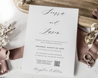 Wedding Invitation Template With Qr Code, Minimalist Wedding Invitation, Printable Wedding Invitation, Editable Wedding Invitation, 001