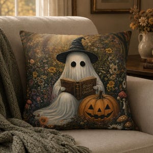May include: A square throw pillow featuring a white ghost wearing a black pointed hat, reading a book titled Romeo and Ghouliet. The ghost sits beside a carved orange jack-o'-lantern in a field of colorful wildflowers, mushrooms, and foliage.