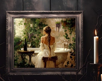 Lámina de baño con jardín inglés, lámina vintage de mujer en el baño, láminas artísticas de baño con jardín, decoración del hogar con estilo cottage core, regalo de inauguración de la casa