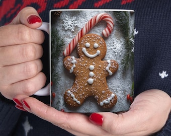 Gingerbread Man Christmas Mug, Festive Holiday Coffee Cup with Candy Cane & Snowflakes, Holiday Cheer Cups and Mugs, Tea or Cocoa Cups