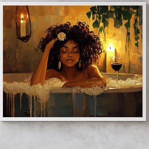 Schwarze Frau Schaumbad Poster Druck, Schwarze Frau Kunst, Schwarze Mädchen Wandkunst, Afrikanische Frau Wein & Bad, Schwarze Afro Kunst, Schwarz ist schön