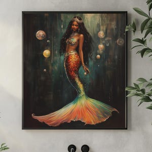 Meerjungfrau-Kunst, Meerjungfrau-Druck, Meerjungfrau-Druck, Meerjungfrau-Kunst, Wanddekor, schwarze Afro-Kunst für Haus, Fantasie-Kunst