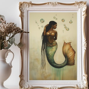 Meerjungfrau-Kunst, Meerjungfrau-Druck, Meerjungfrau-Druck, Meerjungfrau-Kunst, Wanddekor, schwarze Afro-Kunst für Haus, Fantasie-Kunst