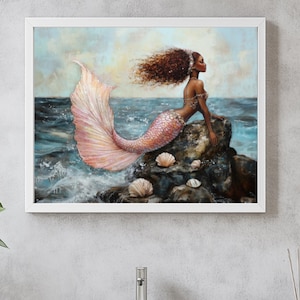Schwarze Meerjungfrau-Druck, Afrikanische Sirene des Meeres Druck, Schwarze Frau Meerjungfrau Kunst, Rosa Fantasie-Meerjungfrau, Schwarzes Mädchen-Magie-Dekor