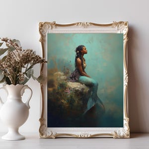 Heiligtum der Sirene, Schöne schwarze Meerjungfrau Kunst, schwarz afrikanische Sirene der Meere, Kunstdruck von schwarzen Meerjungfrauen, schwarze Mädchen magische Kunst