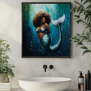 Black Woman Mermaid Art, African Siren Poster Print, Black Mermaid Art, Black Afro Art for Home, African Fantasy Art, Black Divine Feminine