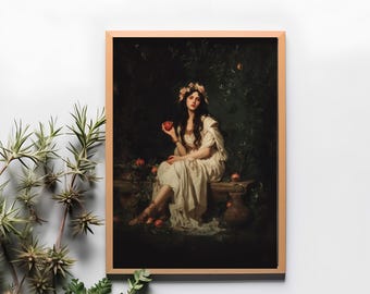 Perséfone y la granada, arte de inspiración mitológica, impresión del realismo clásico del siglo XIX, impresión de pintura de una diosa griega
