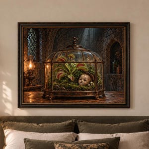 Puede incluir: Una impresión de arte mural enmarcada que representa un terrario de cristal con una planta atrapamoscas y una pequeña cabeza de muñeca entre musgo. La escena se sitúa en una habitación oscura de piedra con una lámpara de aceite encendida.