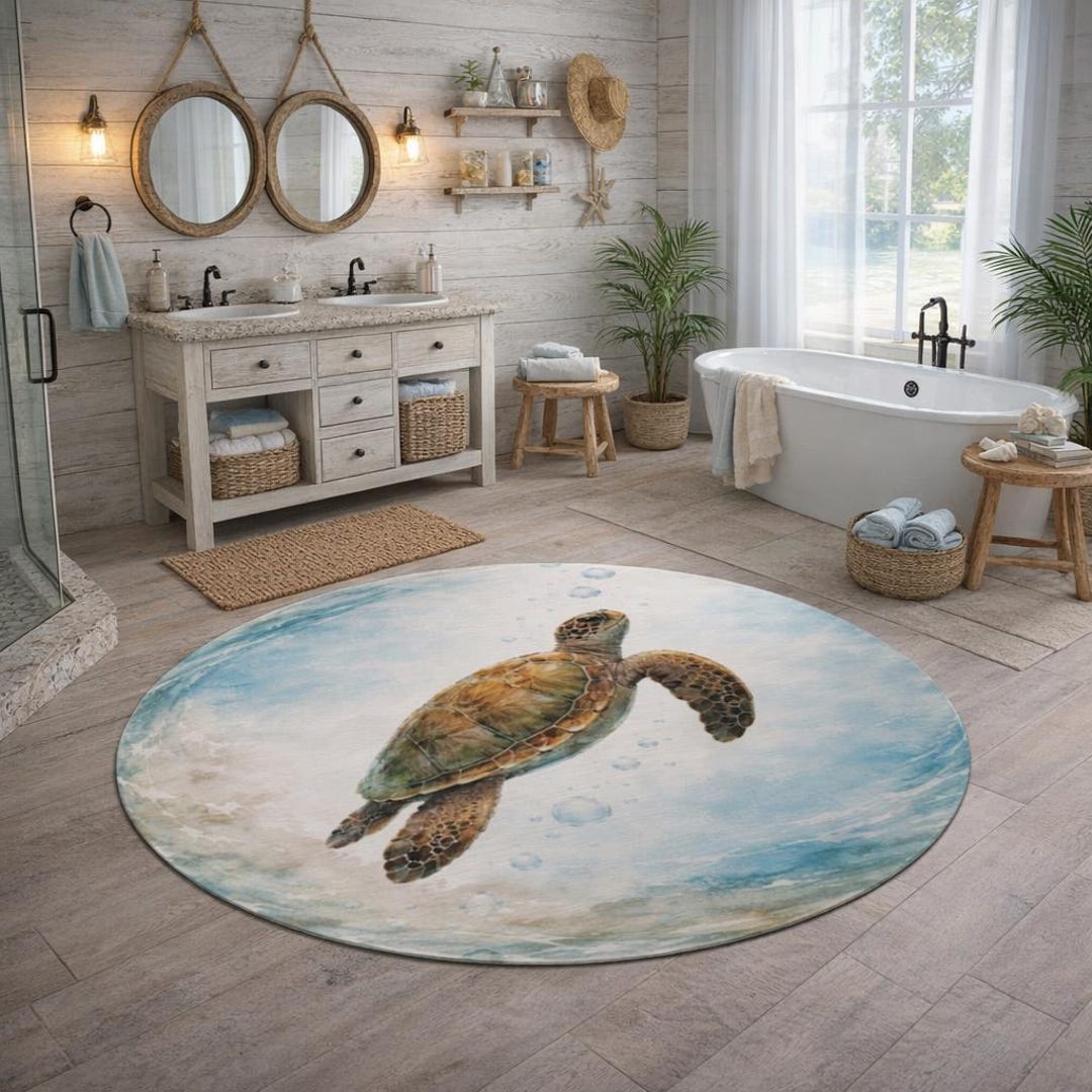 Fairpoint Sea Rug Sea Turtle Round Rug, Coastal Ocean Area Rug, Beach House Decor ...