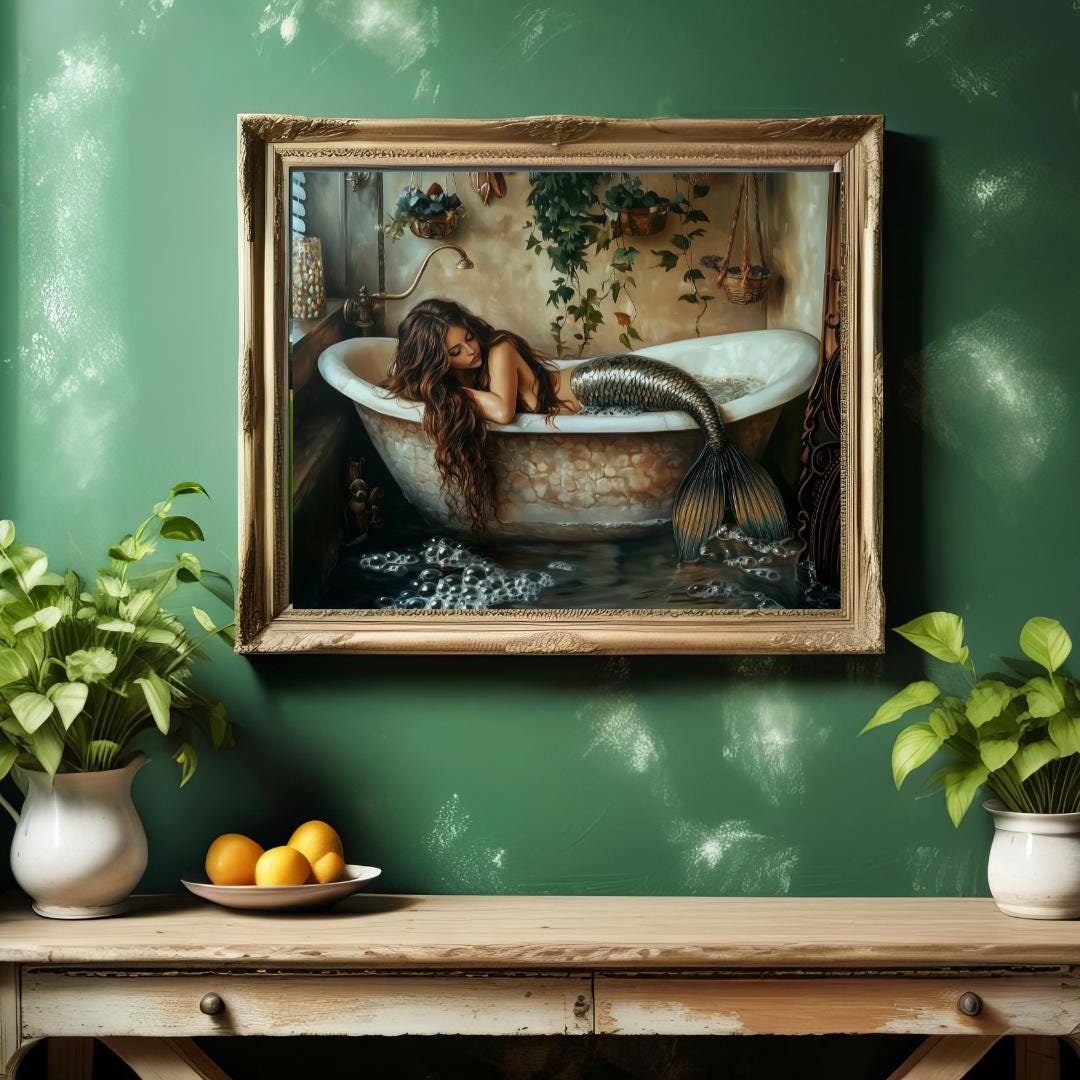 Vintage Mermaid Wall Poster, Mermaid Wall Art, Vintage Bathtub With
