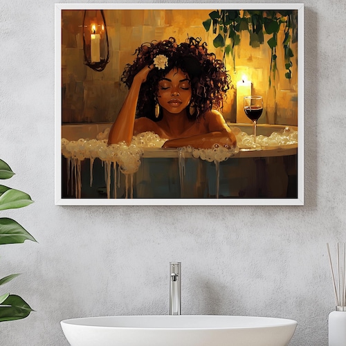Impression d'affiche de bain moussant femme noire, art femme noire, art mural fille noire, vin et bain de femme africaine, art afro noir, le noir est beau