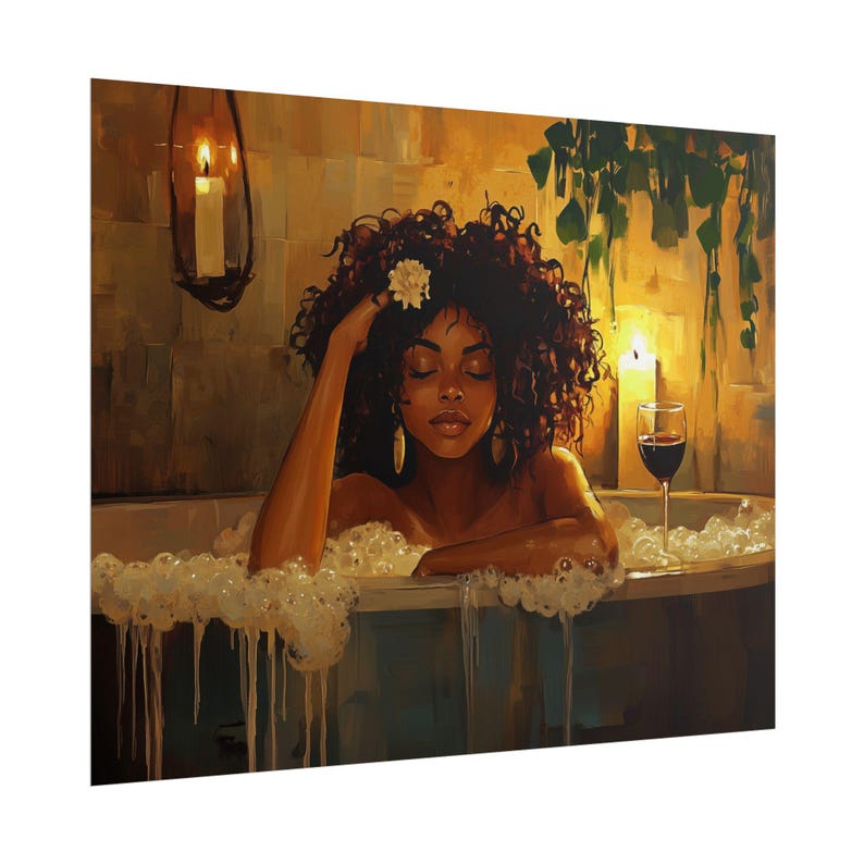 Póster de baño de burbujas de mujer negra, arte de mujer negra, arte mural de niña negra, mujer africana con vino y baño, arte afro negro, "El negro es hermoso" imagen 4