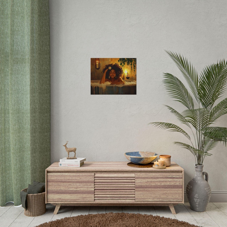 Póster de baño de burbujas de mujer negra, arte de mujer negra, arte mural de niña negra, mujer africana con vino y baño, arte afro negro, "El negro es hermoso" imagen 3