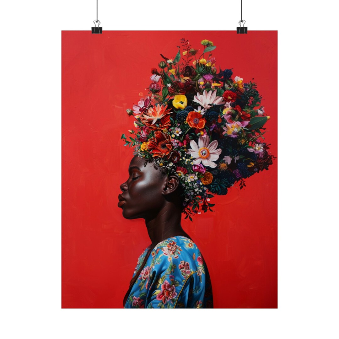 Floral Head Woman Print, African Flower Head Lady Wall Art, Black Woman