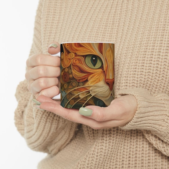 Whimsical Orange Cat Coffee Cup, Quilling Style Cat Mug, Colorful Swirl Art Ceramic Mug, Unique Cat Lover Gift