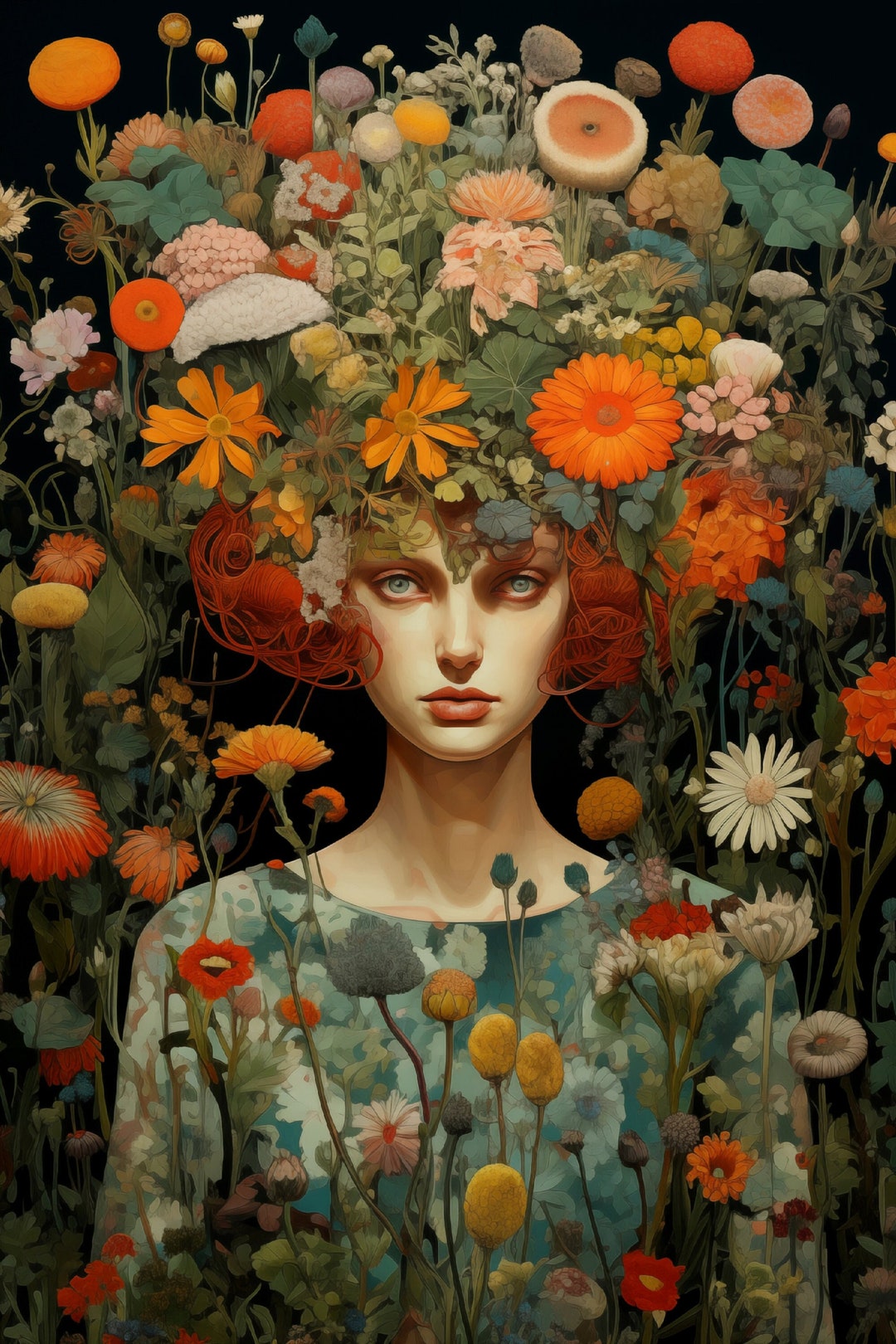 Floral Head Woman Art Print, Flower Head Lady Wall Art, Woman With