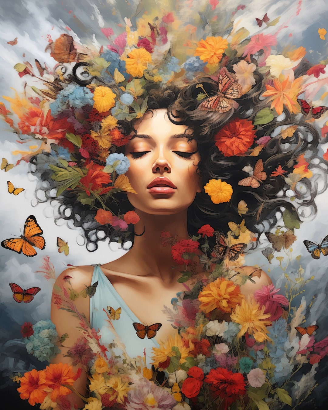 Digital Wall Art, Floral Head Woman Art Print, Flower Head Lady Wall