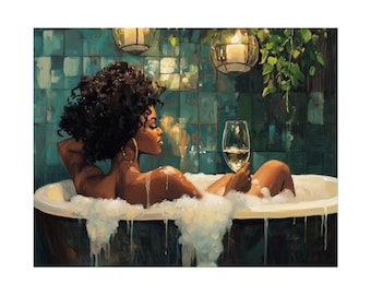 Black Woman Bubble Bath Poster Print, Black Woman Art, Black Girl Wall Art, African Woman Wine & Bath, Black Afro Art, Black is Beautiful