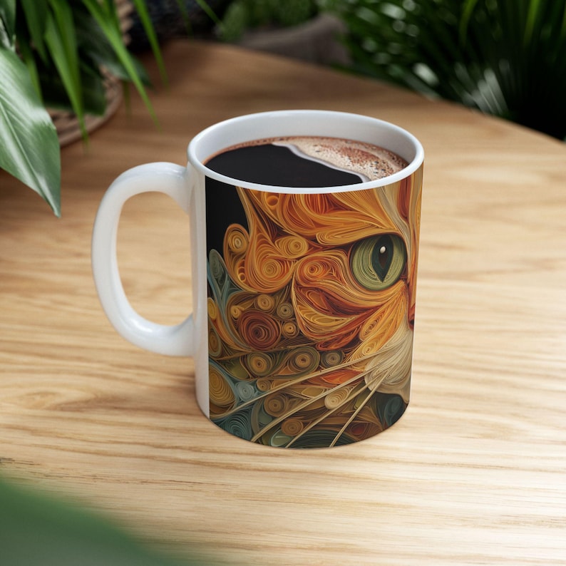Nyckfull orange kattkaffekopp, kattmugg i quilling-stil, färgglad virvelkonst keramikmugg, unik present till kattälskare bild 3