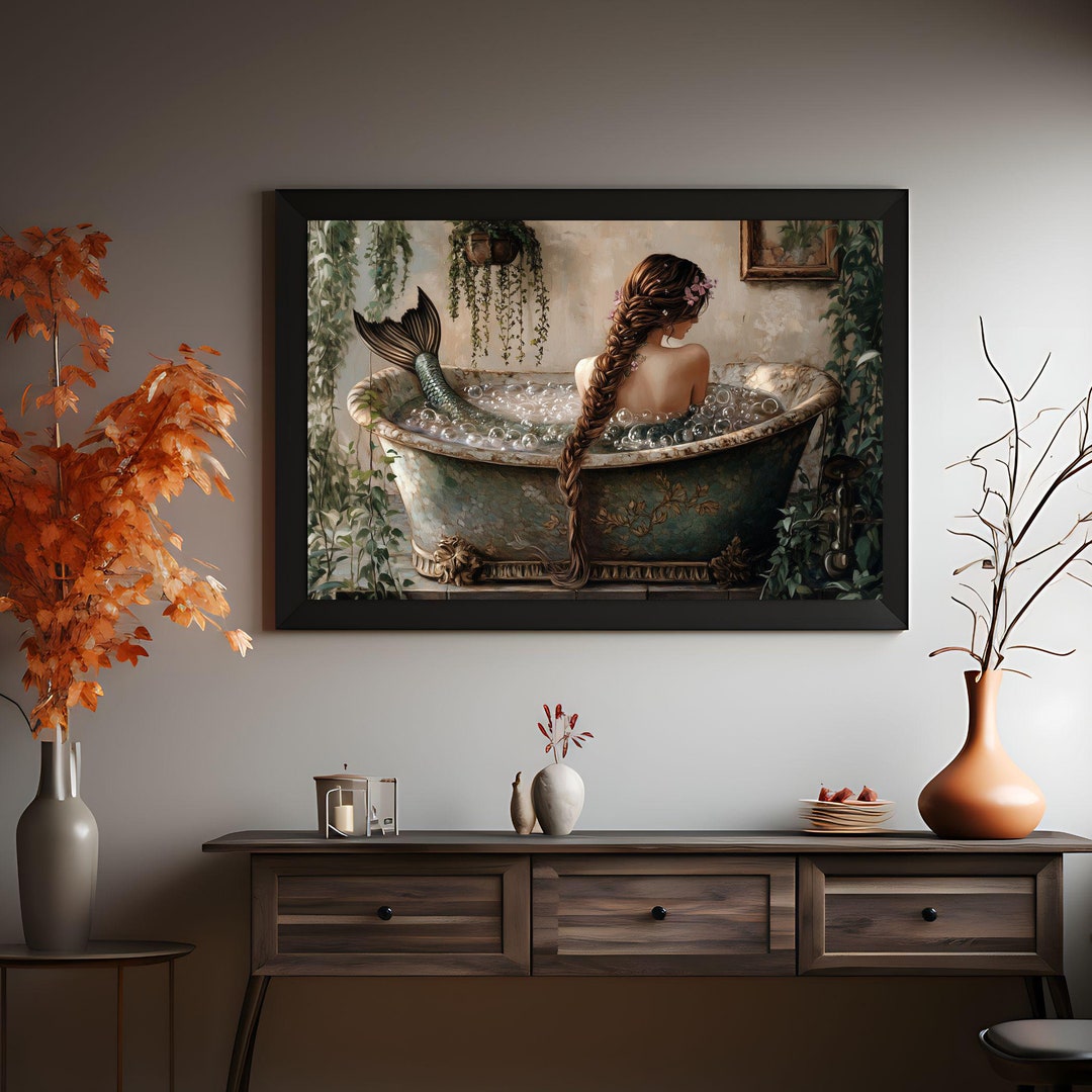 Vintage Mermaid Wall Poster, Mermaid Wall Art, Vintage Bathtub With